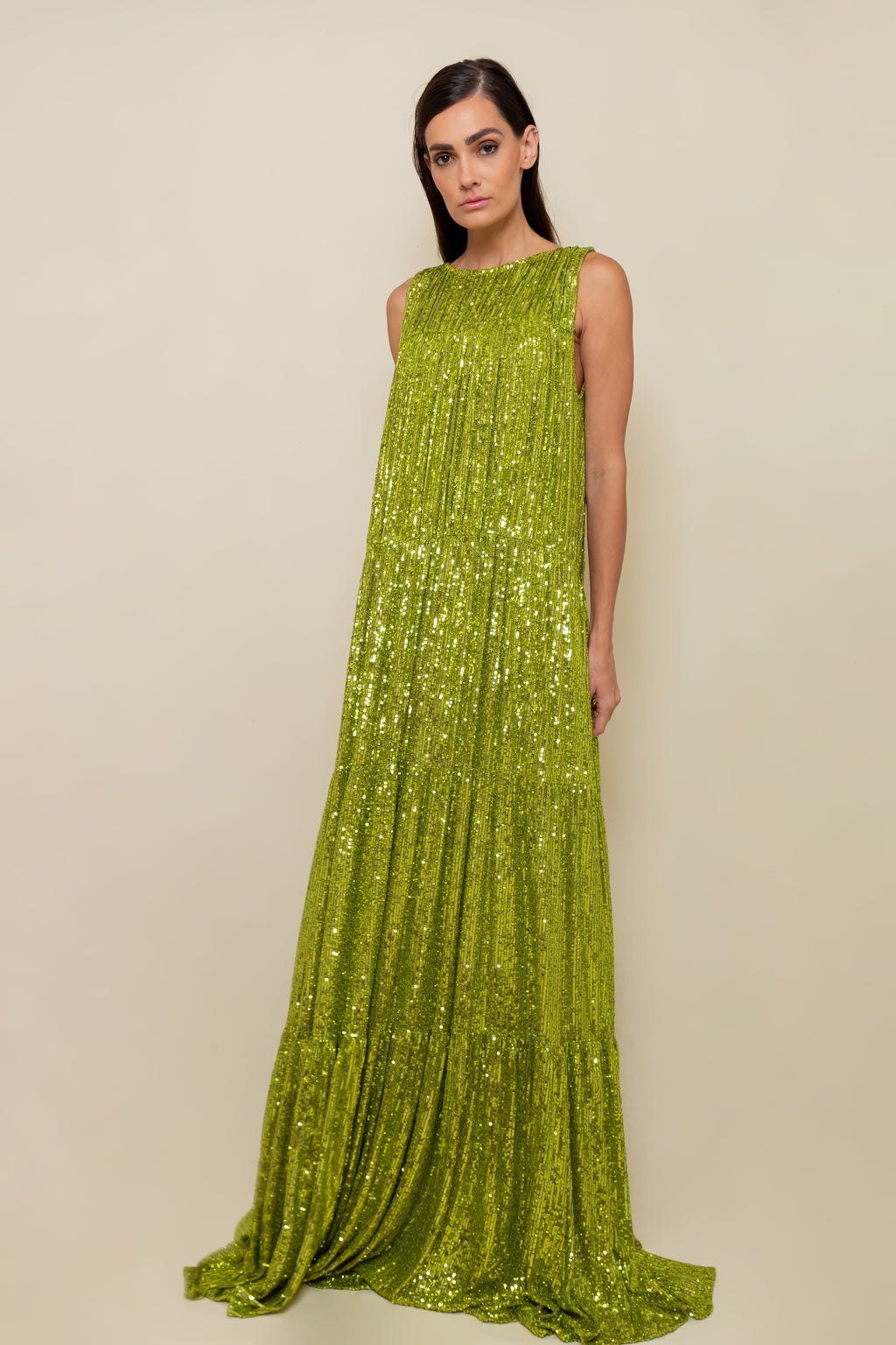 Vestido Lorena paetê verde lentilha Candy Brown